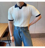 AIDASE  -  Images Simple Striped Ice Silk Elastic Jacquard Turn-down Collar Short Sleeved T-shirt 2025 Contrast Color Male Tops aidase-shop