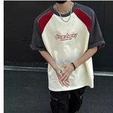 24.43Aidase Summer New High Street Trendy Splicing Round Neck Short Sleeve Men and Women Retro Letter Printed Loose Casual T-shirt Top y2k aidase-shop