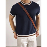 AIDASE  -  New Summer Men's Short-Sleeve Knitted Shirt Crew Neck Top Color-Blocked Striped Ice Silk Breathable Slim Fit Business T- Shirt aidase-shop