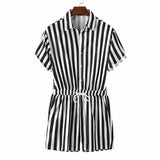 AIDASE  -  Men's Striped Rompers Streetwear Fashion Casual Playsuits Short Sleeve Button Lapel Jumpsuits Drawstring Boxers Shorts Bodysuits aidase-shop
