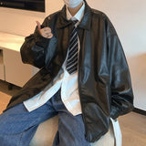 Aidase Handsome Pu Leather Jacket Men's Trend High Street Spring Autumn Black Loose All-Match Teen Solid Lapel Leather Coat Men Top aidase-shop