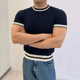 AIDASE  -  Light Luxury Ice Silk Knitted Contrast Color Round Neck Pullover Men's T-shirt Business Gentleman Male Tops