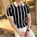 Aidase High-end Simplicity Temperament Handsome Neat Color Collision Stripe Formal Slim Lapel Knitwear Men's Short Sleeves Summer