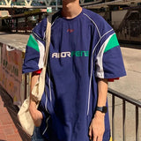 AIDASE  -  Hong Kong Style Retro Sports Jersey Patchwork Short Sleeved T-shirt for Men's Summer New Versatile Loose Line Pullover Top Tees aidase-shop