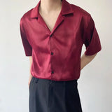 Aidase Summer Men's Stylish Shirt Cuban collar Satin Silk Wine Red Dress Shirts Short Sleeve Tops Wedding Prom Party Holiday Blouse Man