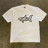 AIDASE  -  Men's Navy Blue Shark iti Print T-shirt Casual Loose Short Sleeve Crew Neck Streetwear Tee aidase-shop