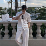 Aidase Summer Men's Loose Ice Silk Suits Fashion Casual V-neck Short Sleeve T-shirt And Pants Drape Two-piece Sets Men Clothes