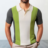 Aidase Men's Business Slim-fit Knit Polo Shirt Light Luxury Leisure Button-down Short Sleeve Shirts Breathable Patchwork Knitwear M-3XL