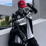 AIDASE  -  Japanese Color Block Jacket for Men Letters Embroidered PU Coats Stand Collar Cuffs Zippered Fake Leather Motorcycle Racing Suit aidase-shop