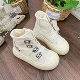 AIDASE  -  Fashion Women Buckle Strap Canvas Shoes High Top Thick Sole Height Increasing Short Ankle Boots Black Beige Autumn Sneakers aidase-shop