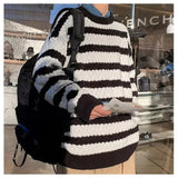 AIDASE  -  Round neck casual and fashionable knit sweater trendy and popular winter pullover for men loose fit long sleeves striped tr - JYDX-JCF724hei / L