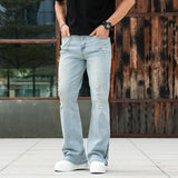 AIDASE  -  Men Light Blue Solid Color Casual Simple Daily Trendy Floor Length Flared Denim Trousers American Style Four Seasons Jeans Pants aidase-shop
