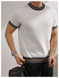 AIDASE  -  New Summer Men's Short-Sleeve Knitted Shirt Crew Neck Top Color-Blocked Striped Ice Silk Breathable Slim Fit Business T- Shirt aidase-shop