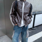 Aidase Mens Autumn Biker White Stripe Maillard Leather Jacket Genderless Trendy Retro Casual Street Simple Leather Jacket Unisex aidase-shop