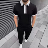 AIDASE  -  Summer Men's POLO Shirt Zipper Contrasting Color Lapel Short-sleeved Top Casual Solid Color Trousers Set aidase-shop
