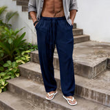 AIDASE  -  Men's Casual Solid Color Linen Feel Drawstring Wide Leg Pants Beach Trousers aidase-shop
