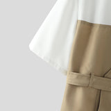 AIDASE  -  Men Shirt Patchwork Lapel Short Sleeve Lace Up Casual Men Clothing With Belt Streetwear 2025 Fashion Male Shirts Tops aidase-shop