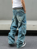 AIDASE  -  Men's Baggy Denim Cargo Pants Multi-Pocket Wide-Leg Jeans Vintage Washed Loose Fit Streetwear Style aidase-shop