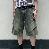 AIDASE  -  Washed Denim Shorts For Men Straight Leg Loose Wide Leg American 2025 Pleated Vintage Male Trousers