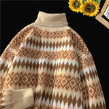 Aidase Neck Sweaters Men Geometric Trendy Traditional Baggy Long Sleeve Knitting Pullovers Harajuku Leisure Japanese Style Warm aidase-shop