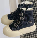 AIDASE  -  Fashion Women Buckle Strap Canvas Shoes High Top Thick Sole Height Increasing Short Ankle Boots Black Beige Autumn Sneakers aidase-shop