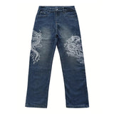 Aidase Hiphop Men Dragon Baggy Jeans Blue Wash Straight Wide Leg Pants Embroidered Casual Pants Retro Y2k Harajuku Streetwear
