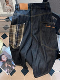 AIDASE  -  American Retro Plaid Large ket Workwear Denim orts Men Summer Design Loose Wide Leg Casual Seven-Foot Pants aidase-shop