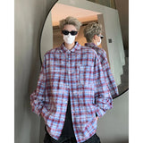 Aidase Men Shirt Plaid Tie-dye Long Sleeve Mens Casual Loose Shirt Autumn High Quality Oversized Male Checked Shirt Red/Blue/Gray