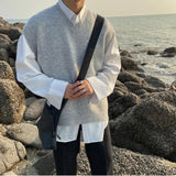 AIDASE  -  New Mens Sweater Vest Spring Sleeveless Loose Solid Color Simple V Neck Sweater Men Korean Fashion Harajuku Pullover Vest aidase-shop
