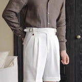 AIDASE  -  Summer Thin Naples Shorts Men British Style Paris Waist Buckle Button Straight  Knee Length Pants Vintage Business Casual Shorts aidase-shop