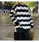 Pullover Stripe Knitted Sweater Men Baggy Korean Fashion Y2k Tops Round Neck Harajuku Male Black Sweatercoat aidase-shop