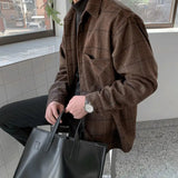 AIDASE  -  Winter Thick Woolen Plaid Shirt Men's Casual Loose Korean Elegant Woolen Long Sleeved Shirt Vintage Warm Lapel Button Jacket aidase-shop