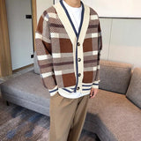 Aidase Autumn Men's Luxury Knitted Plaid Printed Buttons Cardigan Sweater Long Sleeve Streetwear Leisure Coat Fashion Check Knitwear aidase-shop
