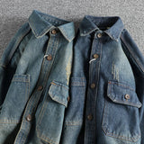 AIDASE  -  Mens Casual Vintage Denim Shirt Distressed Washed Jean Shirt Long Sleeve Button Down Clothes with Pockets aidase-shop