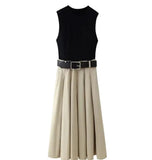 AIDASE  -  Elegant Contrasting Pleated Maxi Dress Women Daily Commuting Round Neck Sleeveless Long Dresses 2025 New Summer Casual Vestidos aidase-shop