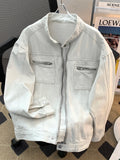 AIDASE  -  Washed Jeans Coat Worn Deconstructed Stand Collar Denim Jacket for Men's American Cleanfit Design Canvas Zipper Jacket aidase-shop