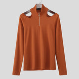 AIDASE  -  Men T Shirt Solid Zipper Knitted Off Shoulder Turtleneck Long Sleeve Male Tee Tops Streetwear Fashion Casual Camisetas aidase-shop