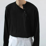 AIDASE  -  Korean Version Simple Cold Style Neckline Slanted Button Long Sleeve T-shirt Men's Spring Autumn Thin Style Ins Round Neck Top aidase-shop