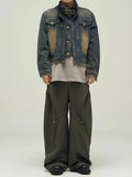 AIDASE  -  Short Japanese Distressed Denim Jacket Men Women Retro Fake Two-piece Double Necked Jackets High Street Wide Shoulder Jean Coats aidase-shop