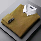 Aidase Autumn/Winter Men's Solid Color Slim Fit Pullover Fake Two Pieces Casual Fashion Elegant Commuter Knitted Bottom Shirt aidase-shop