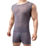 AIDASE  -  Sexy Sleeveless Mesh Transparent T-shirts Mens Lounge Undershirts Tank Tops Sexy Homme Boxer Shorts Gym Homewear Men Clothes Set aidase-shop