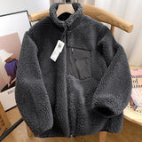 Aidase Autumn and Winter Japanese Men's and Women's Fleece Stand Neck Jacket Couple Zipper Loose Warm Lamb Wool Coat Solid Color Jacket aidase-shop