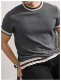 AIDASE  -  New Summer Men's Short-Sleeve Knitted Shirt Crew Neck Top Color-Blocked Striped Ice Silk Breathable Slim Fit Business T- Shirt aidase-shop