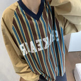 AIDASE  -  Plus Size Men's Autumn Long-sleeved shirt Korean Style Retro All-match Letter Print Striped Patchwork Raglan Sleeve V-neck Top aidase-shop