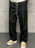 AIDASE  -  Men's Solid Color Drawstring Wide Leg Pants Casual Streetwear Button Detail Loose Straight Trousers Lightweight for Daily Wear aidase-shop