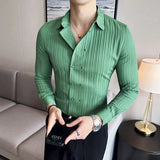 Aidase Men's Solid Color Long-Sleeved Shirt Fashionable Elegant Double-Breasted Ball Nightclub Tops Striped Lapel Shirt aidase-shop