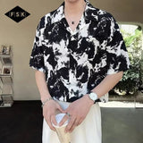 AIDASE  -  Ink Thin Ice Silk Short-sleeved Shirt for Men's Trendy Brand Design High-end and Relaxed