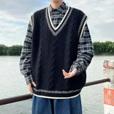 AIDASE  -  Loose Knitted Sweater Vest Twist Yarn V-neck College Style for Men And Women Autumn Winter Fashion Retro Layering Top aidase-shop