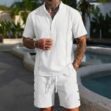 AIDASE  -  Men's 2 Piece Linen Textured Short Set Henley Neck Shirt Drawstring Shorts Casual Beach Outfit with Decorative Stitching aidase-shop