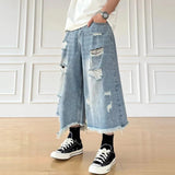 AIDASE  -  American Style Washed Ripped Male Denim Shorts Casual Loose Wide Leg Tassel Pants High Street Fashion Men's Clothes 21E6544 aidase-shop